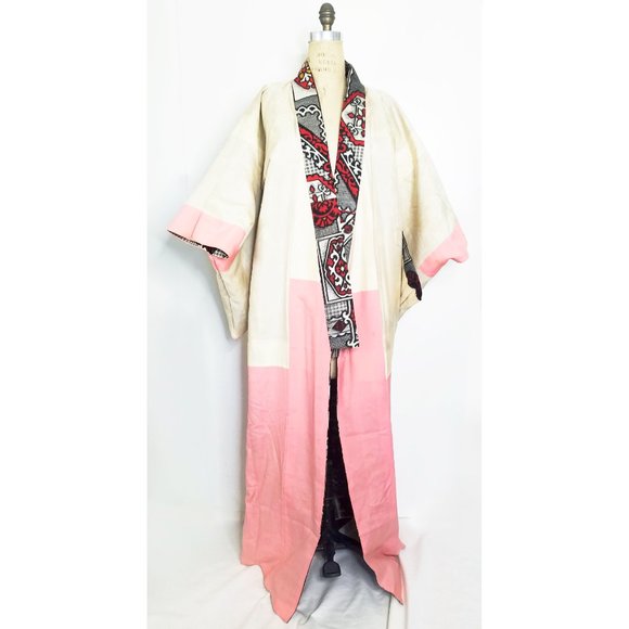 Antique Japanese Silk Kimono Unique Geometric Design Made Japan Vintage Unisex - Picture 6 of 6